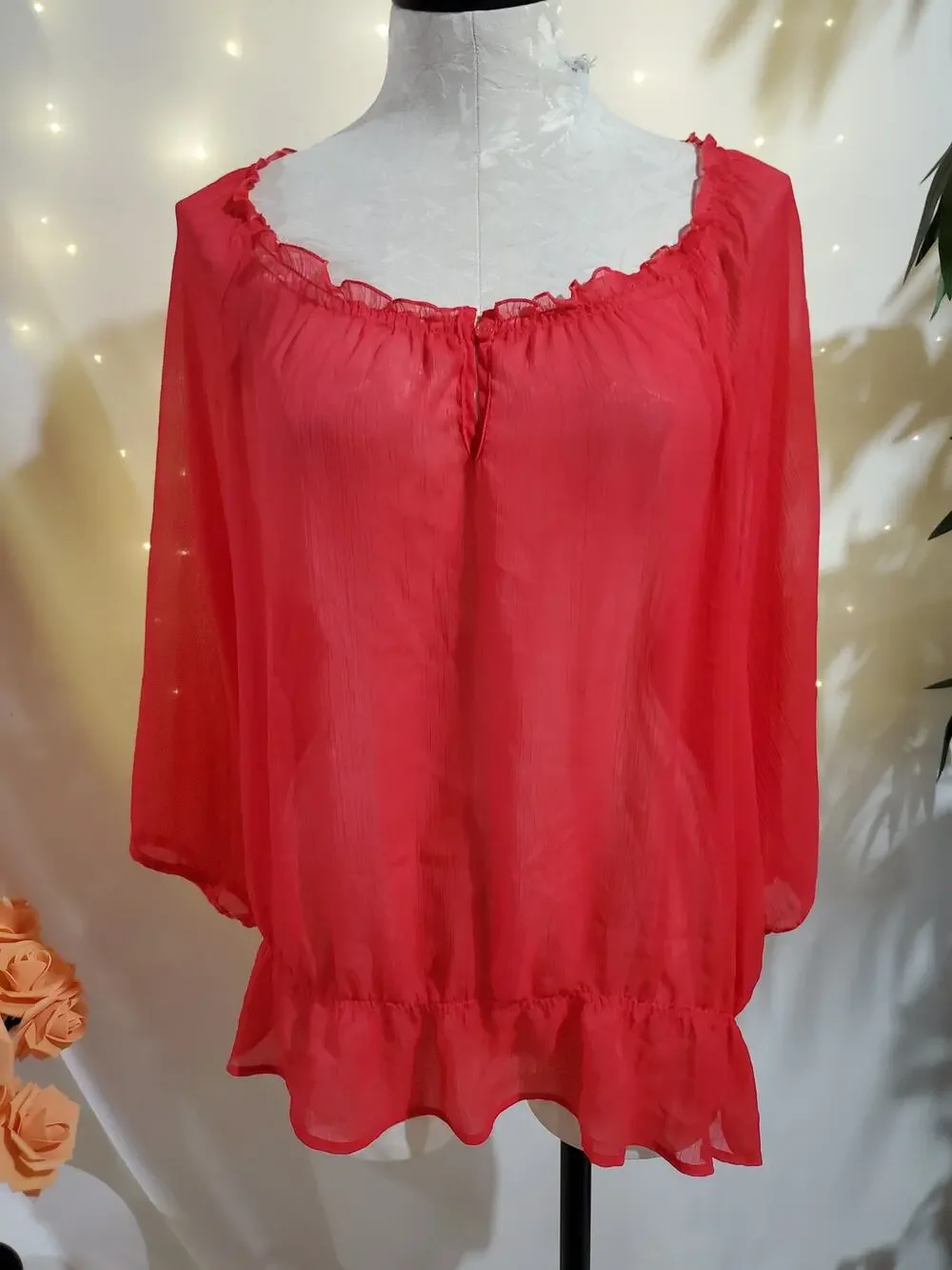 Old Navy Sheer Ruffle Chiffon Puff Sleeve Peasant Blouse Womens Size XXL Pink
